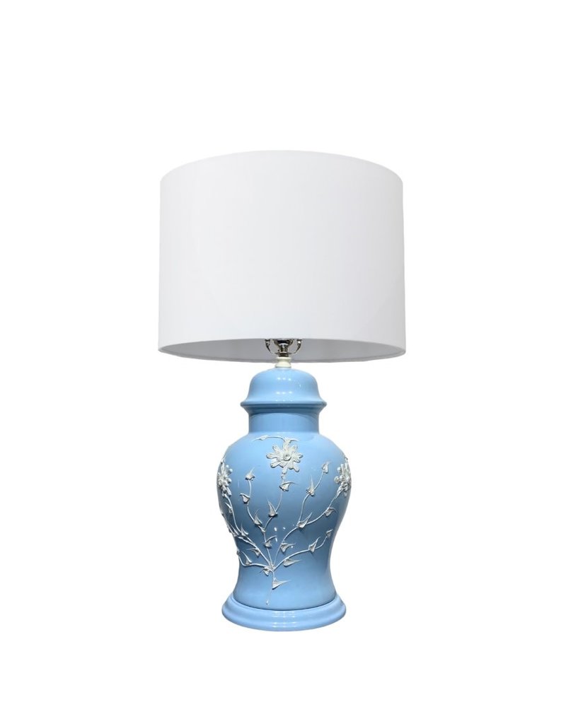 Vintage Light Blue Ceramic Lamp with White Flowers