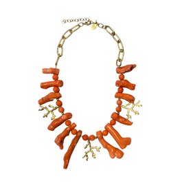Orange Coral Stone & Gold Branch Pendant Chain Necklace