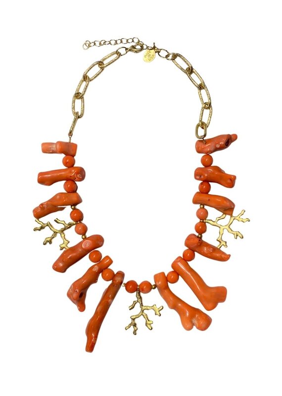 Orange Coral Stone & Gold Branch Pendant Chain Necklace