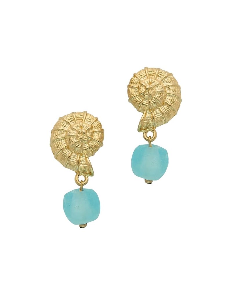 Gold Shell Earrings with Aqua Blue Bead