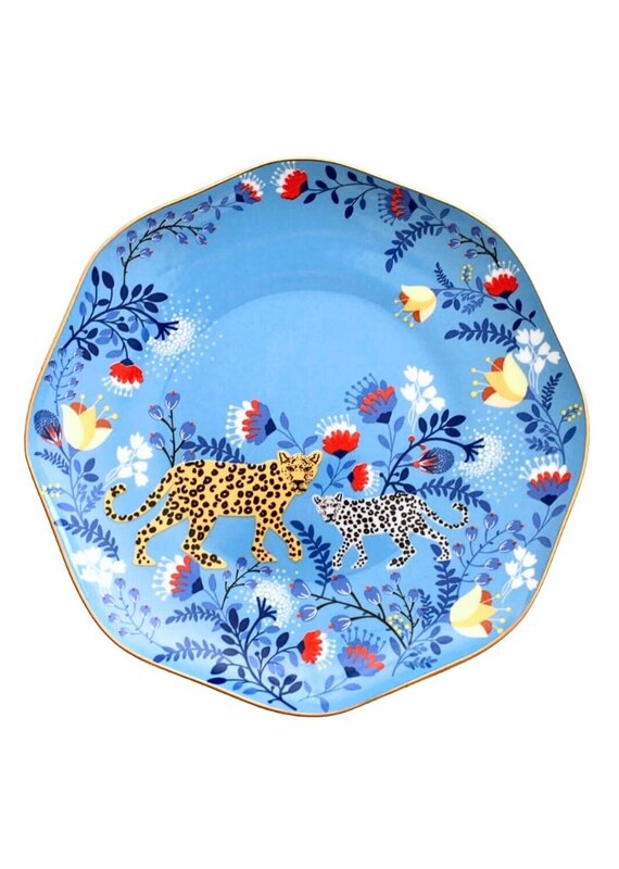Set of 6 Light Blue Cheetah Salad Plates with Floral Design