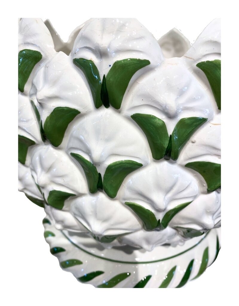 Vintage White Ceramic Pineapple Planter with Green Butterflies
