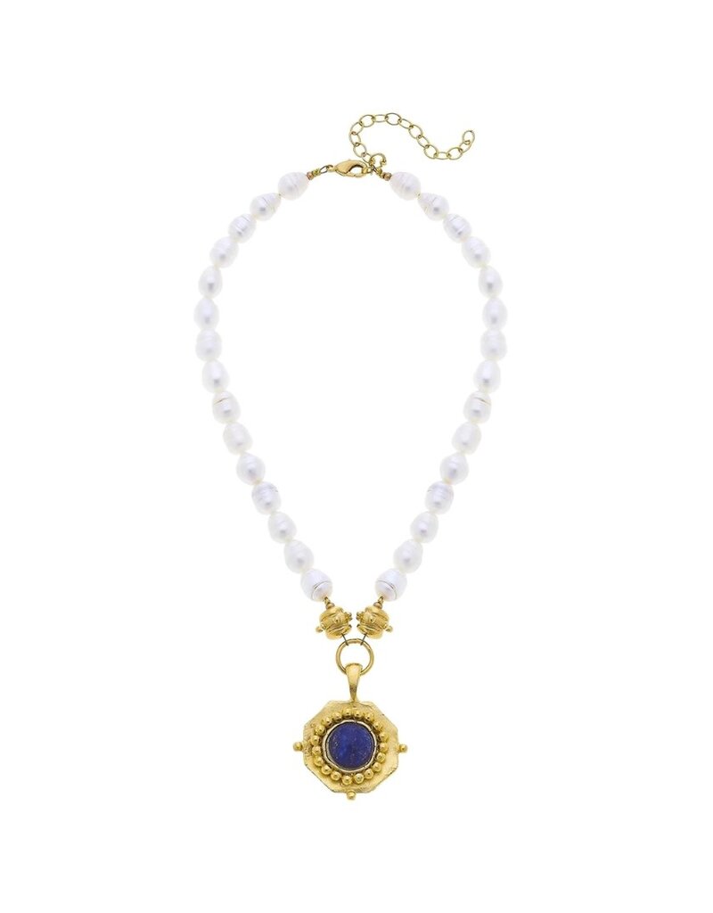 Gold & Pearl Necklace with a Lapis Stone Pendant