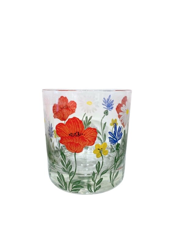 Vintage Set of 6 Double Old Fashioned Colorful Flower Glasses