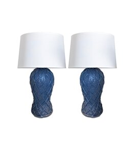 Vintage Pair of Blue Painted Rattan Lamps