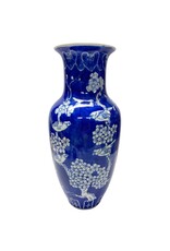 Blue & White Ceramic Vase with Cherry Blossoms & Birds