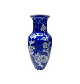 Blue & White Ceramic Vase with Cherry Blossoms & Birds