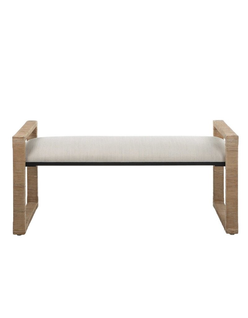 White Fabric Bench with Raffia Wrapped Sides & Legs