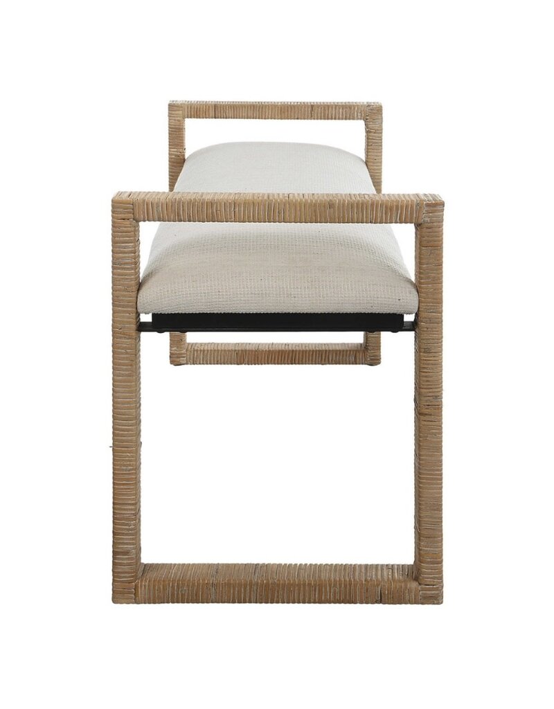 White Fabric Bench with Raffia Wrapped Sides & Legs