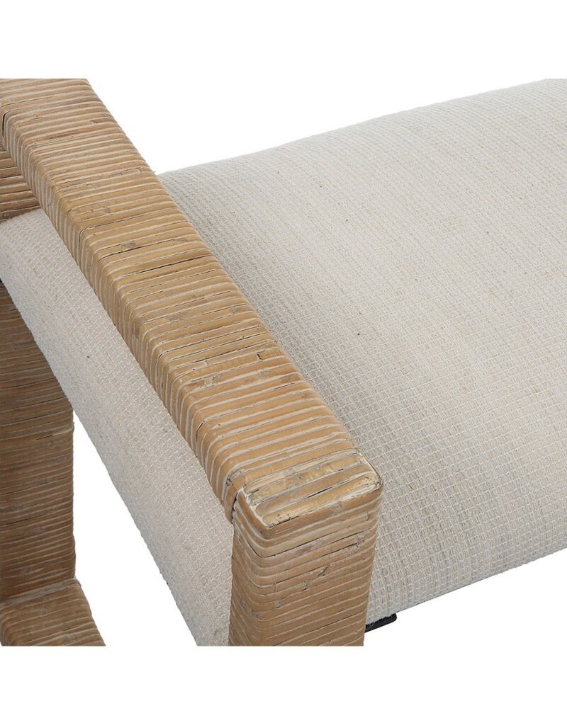 White Fabric Bench with Raffia Wrapped Sides & Legs