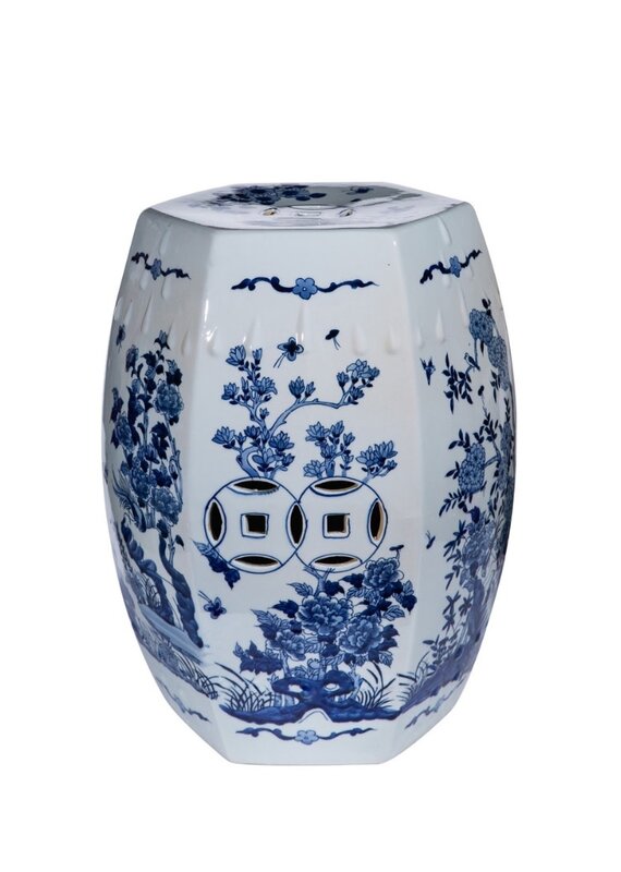 Blue & White Hexagonal Ceramic Garden Stool with Floral Design