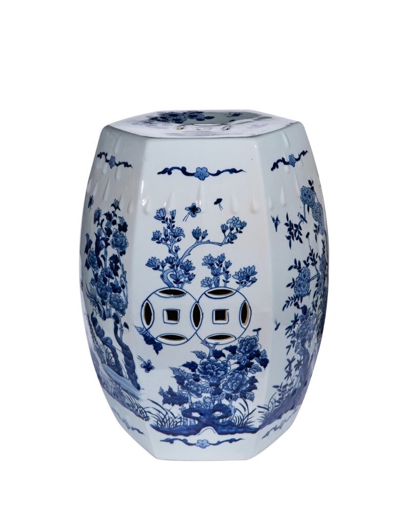 Blue & White Hexagonal Ceramic Garden Stool with Floral Design