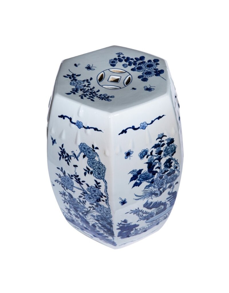 Blue & White Hexagonal Ceramic Garden Stool with Floral Design