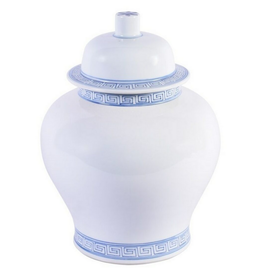 White Temple Jar with Blue Greek Key Trim