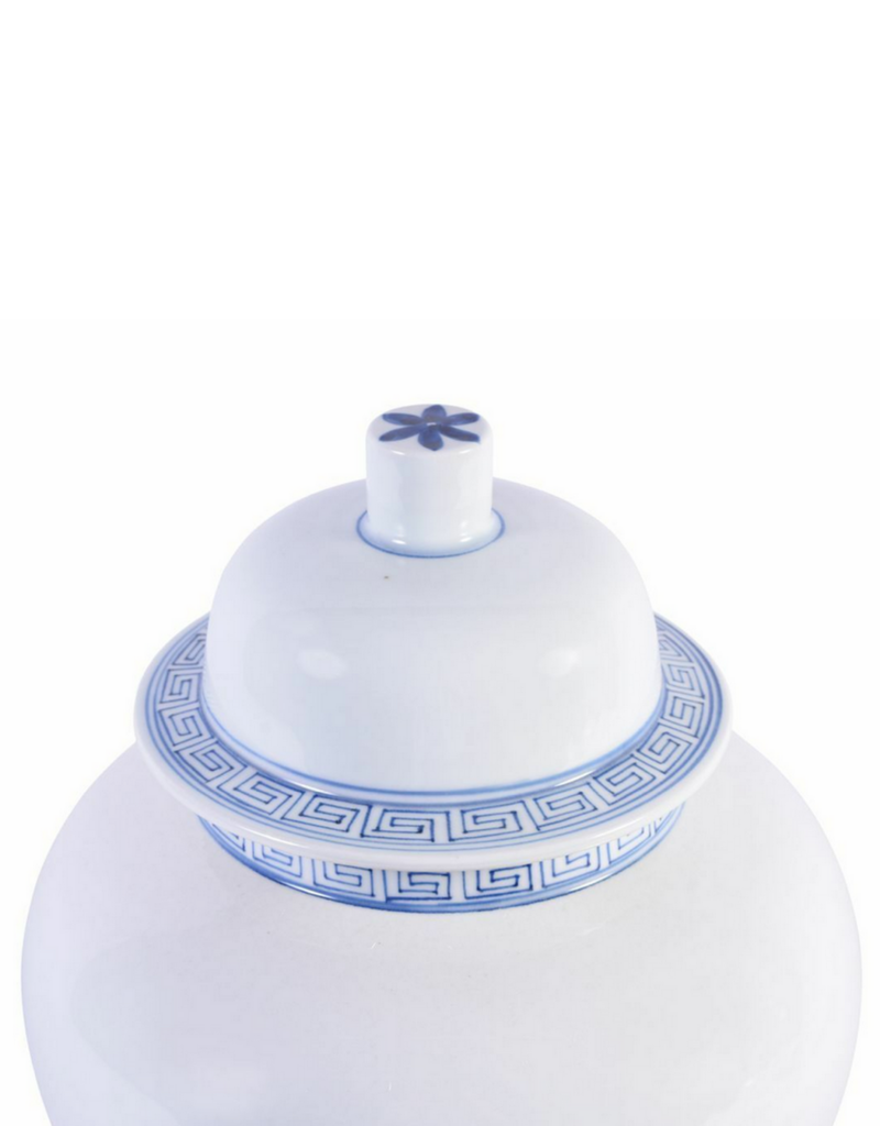 White Temple Jar with Blue Greek Key Trim