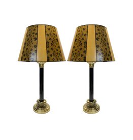 Vintage Pair of Black & Brass Lamps with Animal Print Shades