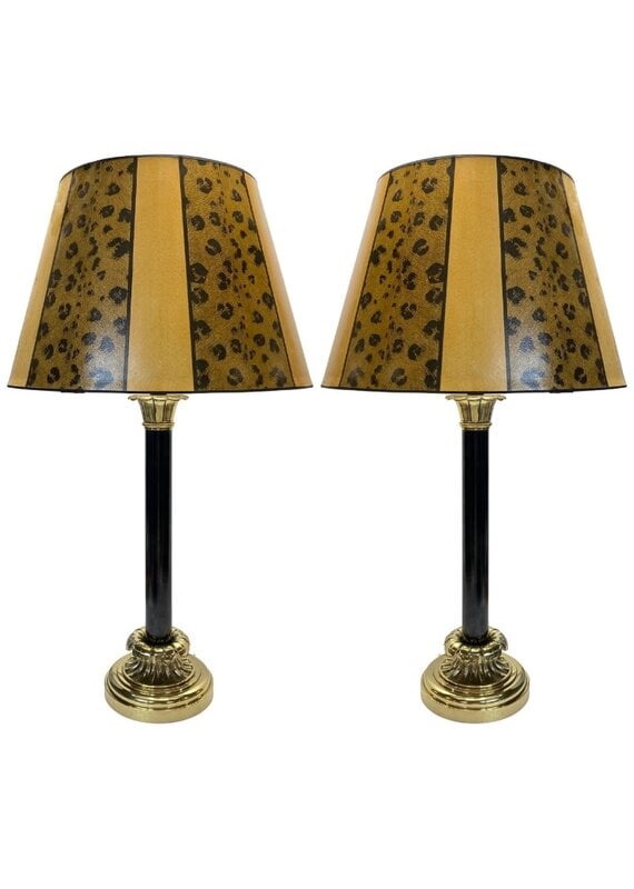 Vintage Pair of Black & Brass Lamps with Animal Print Shades