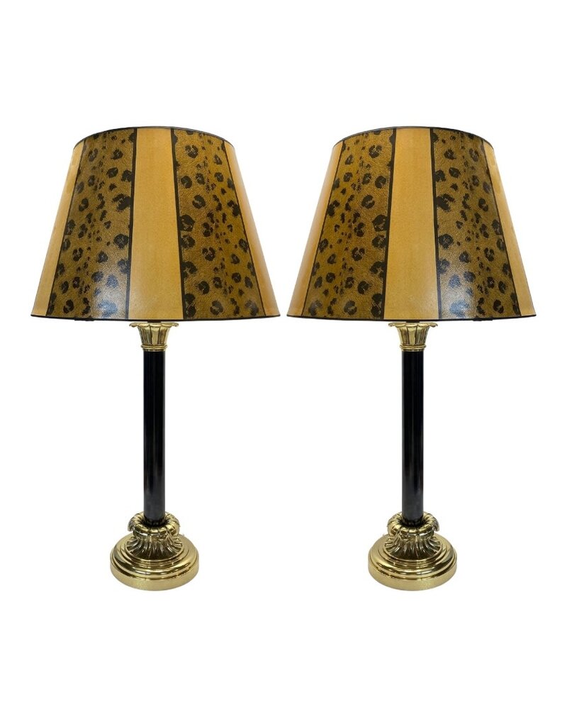 Vintage Pair of Black & Brass Lamps with Animal Print Shades