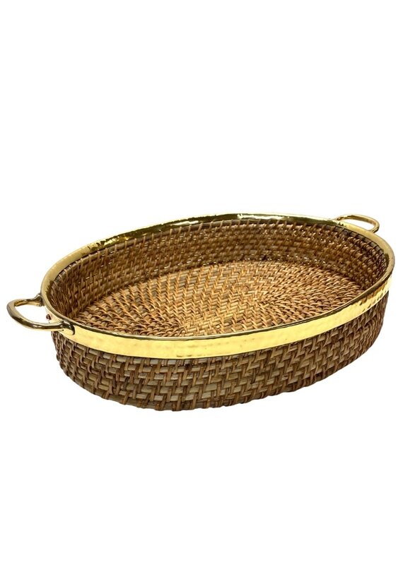 Oval Wicker Tray with Hammered Brass Edge & Handles