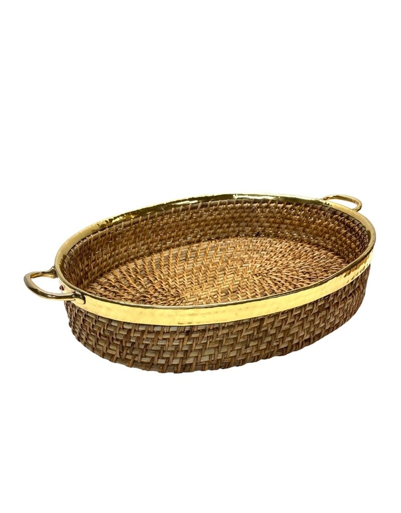 Oval Wicker Tray with Hammered Brass Edge & Handles