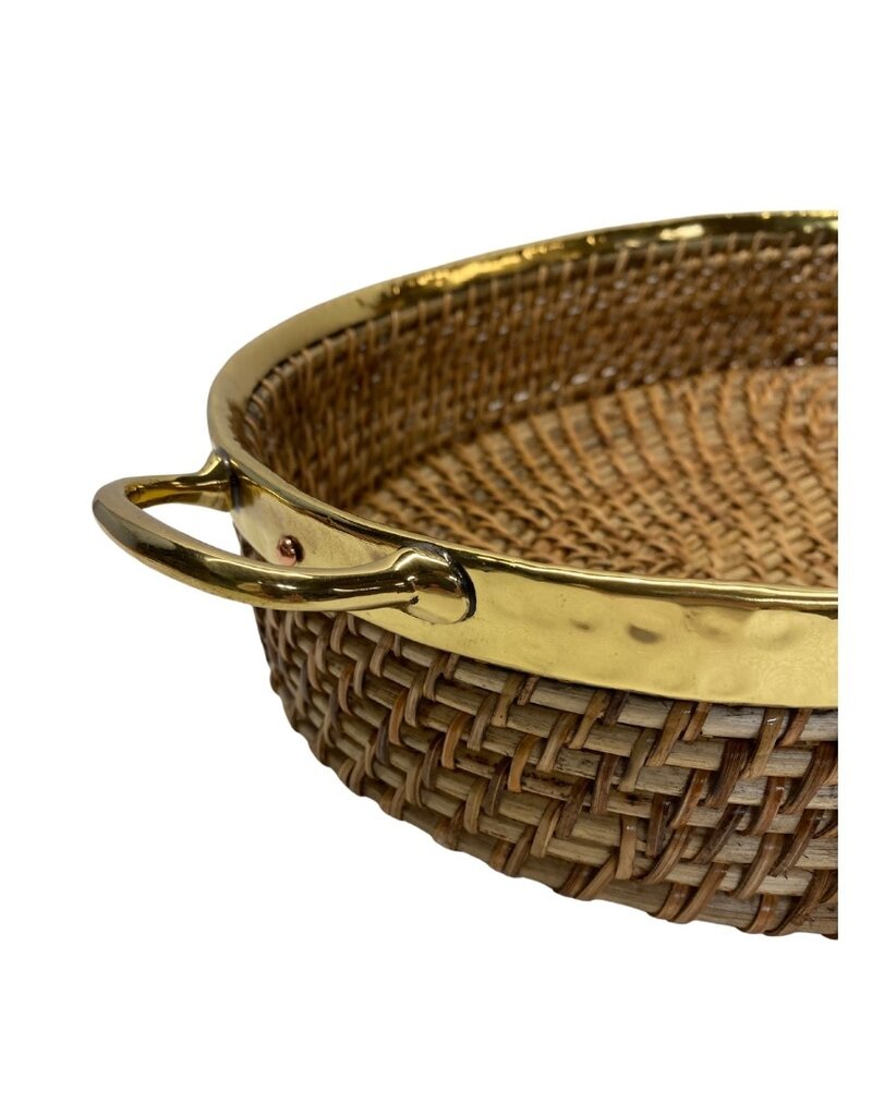 Oval Wicker Tray with Hammered Brass Edge & Handles