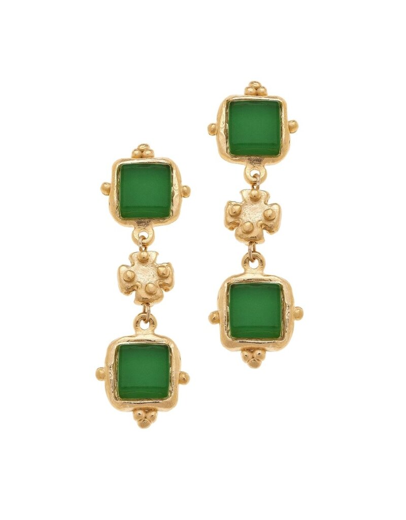 Green Glass Double Square Earrings