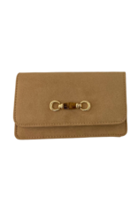 Tan Faux Suede Clutch with Bamboo Toggle