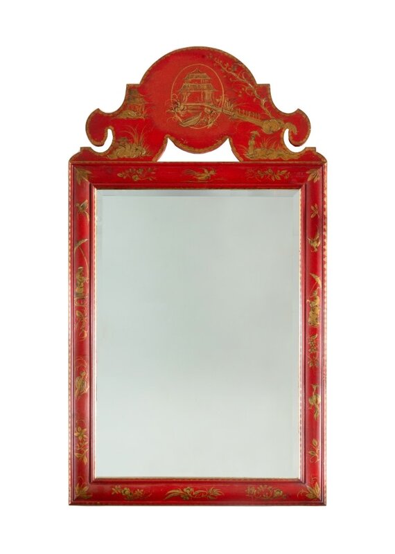 Vintage Oversized Red Painted Chinoiserie Mirror