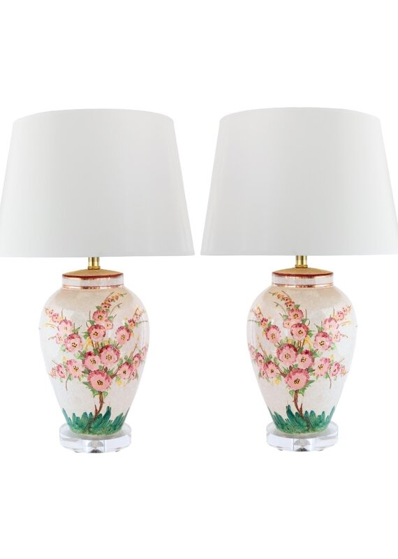 Vintage Pair of Pink Floral Ceramic Lamps