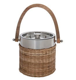 Woven Wicker Ice Bucket with Wood Handle