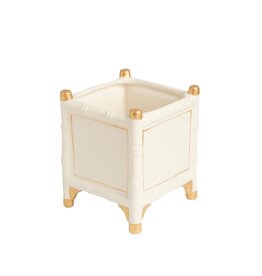 White & Gold Bamboo Ceramic Square Planter with Feet
