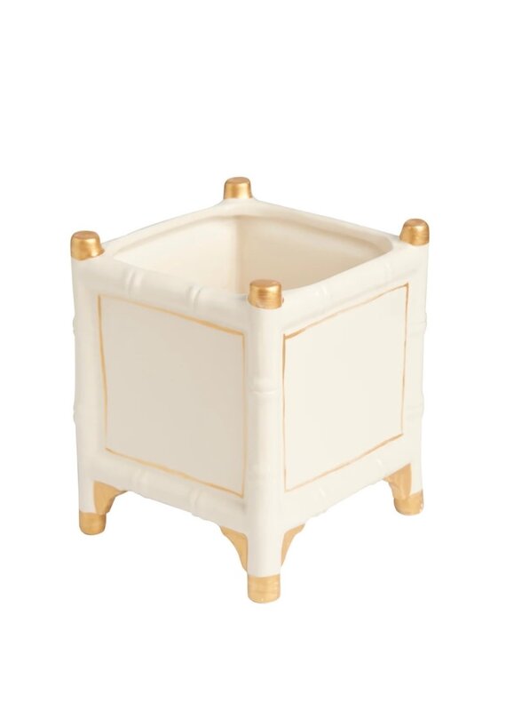 White & Gold Bamboo Ceramic Square Planter with Feet