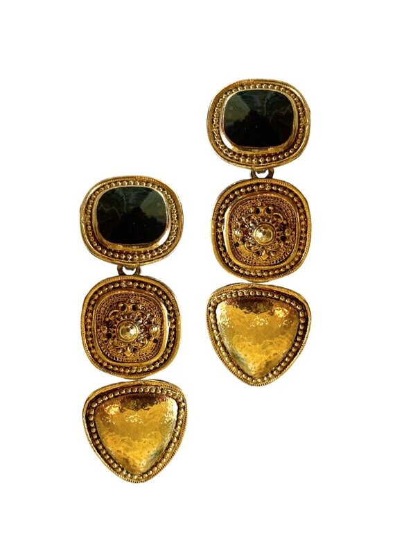 Vintage Black & Gold Three-Tiered Clip Earrings
