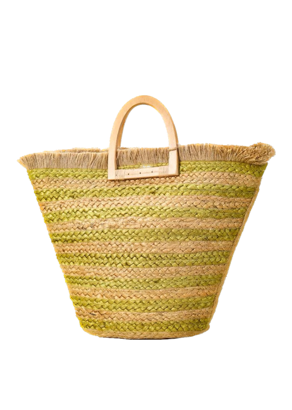 Braided Straw Handbag with Green Stripes