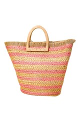 Braided Straw Handbag with Pink Stripes