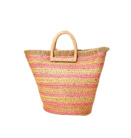 Braided Straw Handbag with Pink Stripes