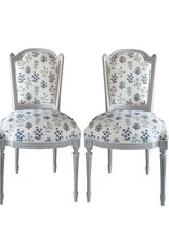 Vintage Pair of Gray Upholstered Chairs with Blue & White Flowers