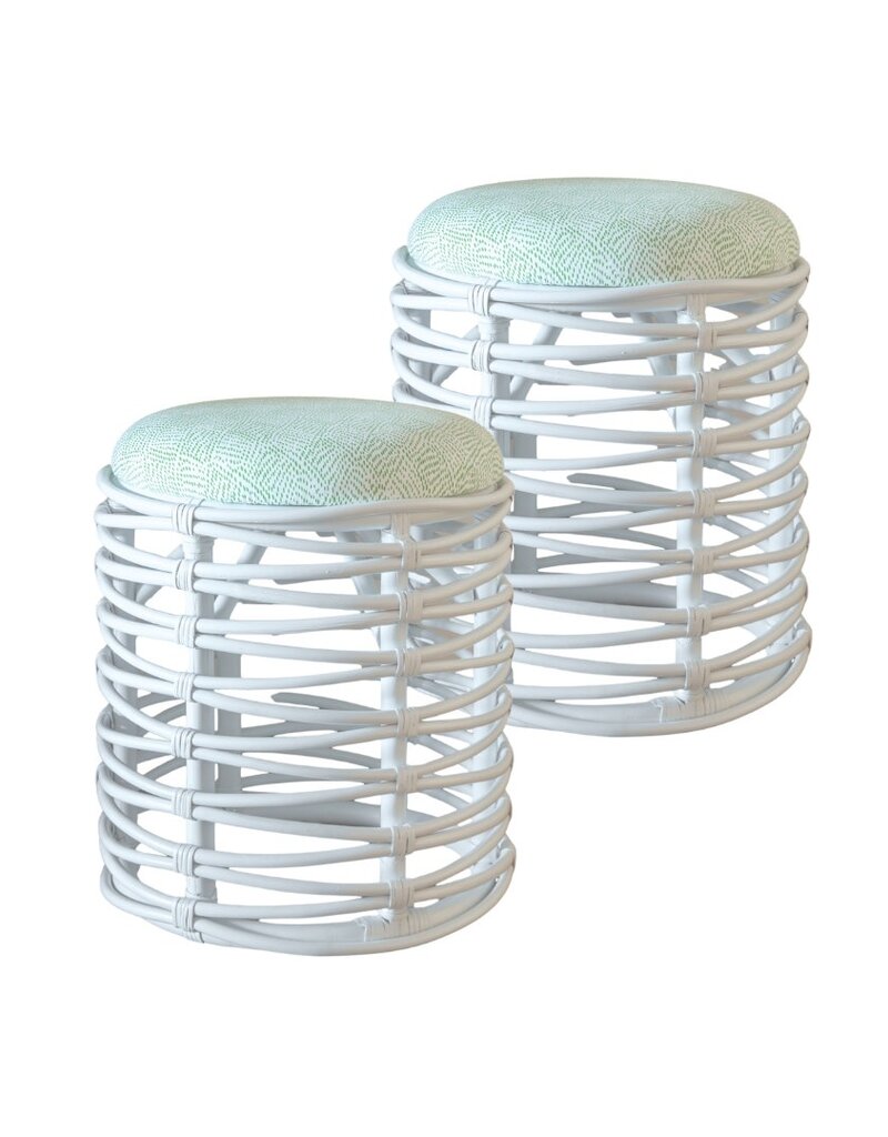 Pair of White Rattan Round Upholstered Stools with Green Dotted Fabric