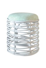 Pair of White Rattan Round Upholstered Stools with Green Dotted Fabric