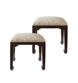 Vintage Pair of Brown Wood Upholstered Benches with Tan Diamond Fabric