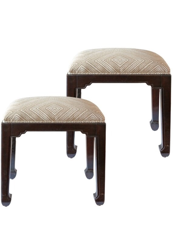 Vintage Pair of Brown Wood Upholstered Benches with Tan Diamond Fabric