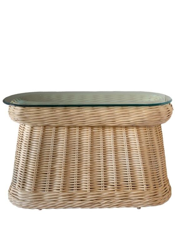 Vintage Natural Round Rattan Console Table with Thick Glass Top