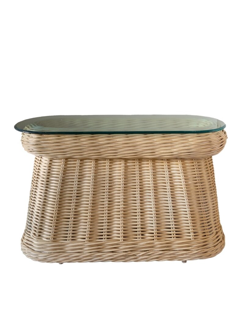 Vintage Natural Round Rattan Console Table with Thick Glass Top