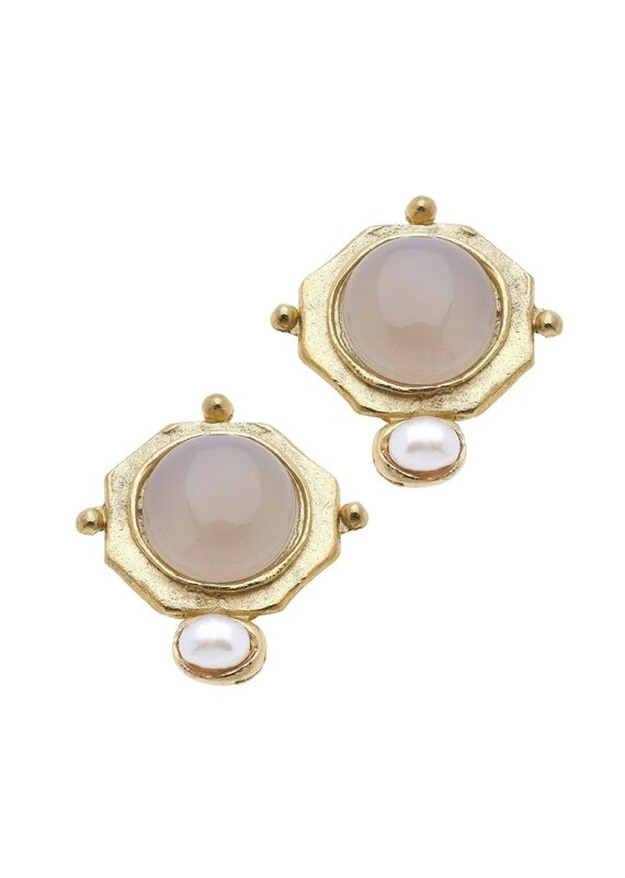 Tan Moonstone with Pearl Drop Earrings