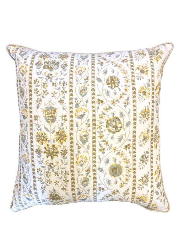 Yellow & Brown Floral Stripe Square Pillow with Cord Trim