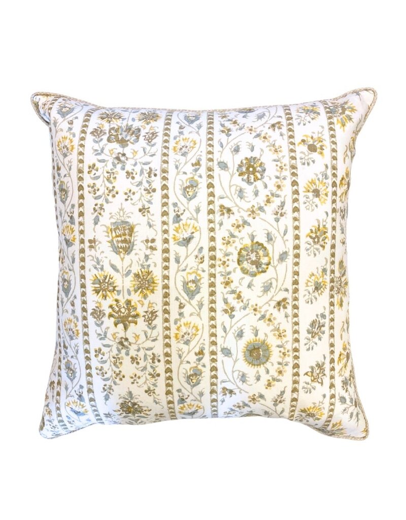 Yellow & Brown Floral Stripe Square Pillow with Cord Trim