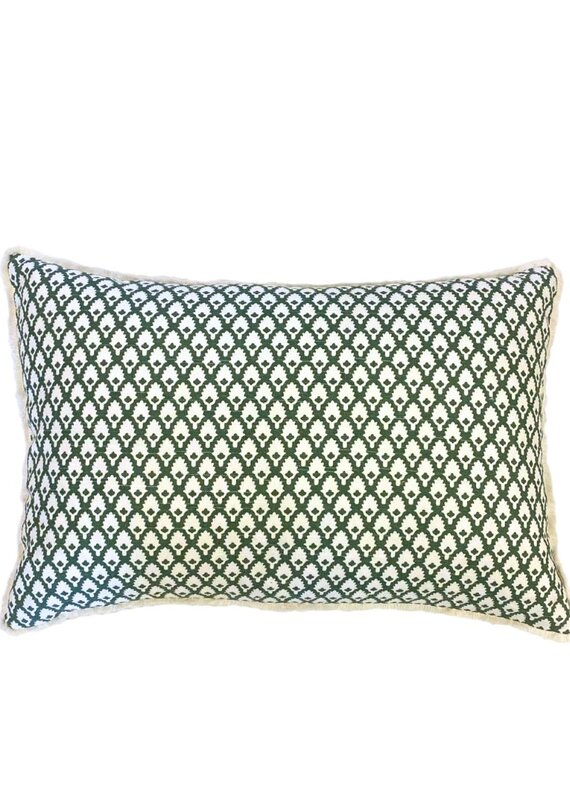 Green Mini Leaf Lumbar Pillow with White Fringe Trim