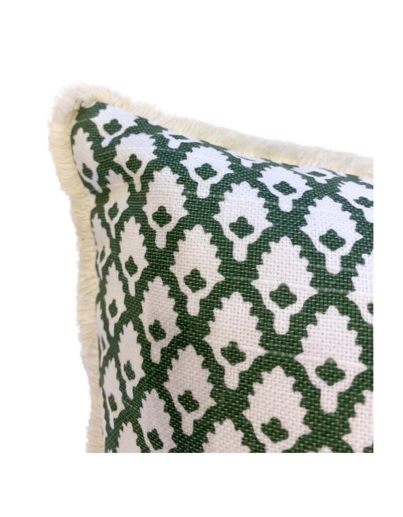 Green Mini Leaf Lumbar Pillow with White Fringe Trim