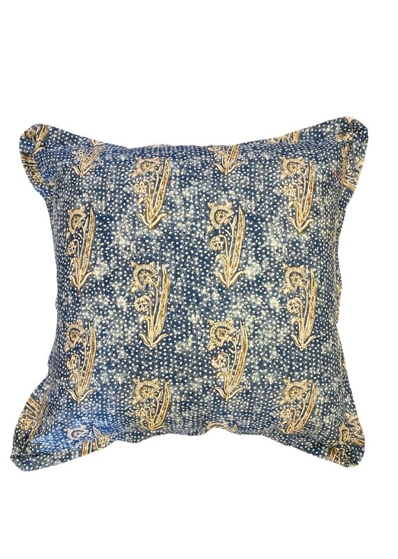 Indigo Blue Dotted & Brown Stemmed Floral Square Pillow
