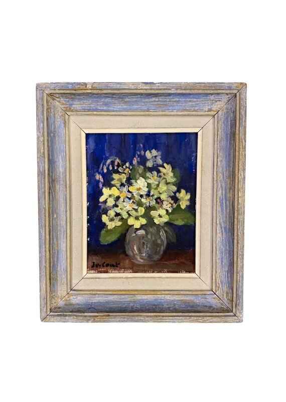 Vintage Framed French Yellow & Blue Floral Arrangement Painting